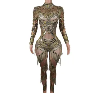 Sexy Gold Tassel Sequin Bodycon Rompers Stage Performance Outfit Fringes Dancer One Piece Bodysuit Women Rhinestone Jumpsuit