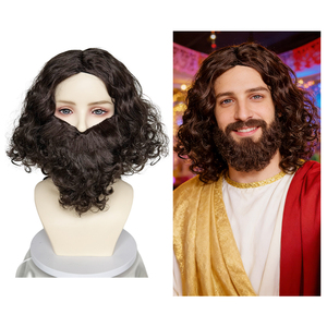 Conjunto de Peluca y Barba para Disfraz de Mago, Peluca Rizada Marrón para Disfraz de Jesús con Bigote Falso - Product Image 1
