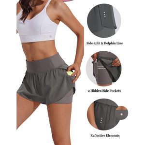 Pantalones Cortos Deportivos 2 en 1 FOXA para Mujer, Cintura Alta, para Correr, Gimnasio, Entrenamiento, con Bolsillos Laterales, Ajustados, de Poliéster Sólido - Product Image 5