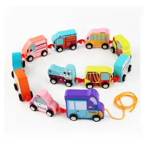 EPT Wholesale High Quality Wooden Car Toys Pull Line Train Toy Cars Set For Kids