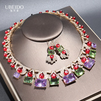 Ensemble collier et boucles d'oreilles en zircon multicolore de luxe pour femmes, design géométrique élégant, bijoux en cristal, cadeau de mode pour fête et mariage