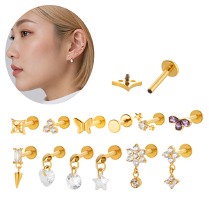 Pendientes de titanio ASTM F136 con circonita, diseño de flor y mariposa, para piercing de tragus, cartílago y lóbulo, con rosca interna. - Product Image 1