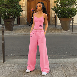 Women's 2 Piece <b>Short</b> Rib Digital Print Color Block Cami <b>Top</b> <b>and</b> Drawstring Straight Leg Pants Casual Streetwear <b>Set</b> - Product Image 2