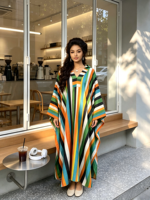 Nouvelle Collection Été 2026 – Robe Kaftan Ample à Rayures Col V avec Poches, Imprimé Ethnique Africain, Boubou Décontracté Grande Taille pour Femme en Polyester