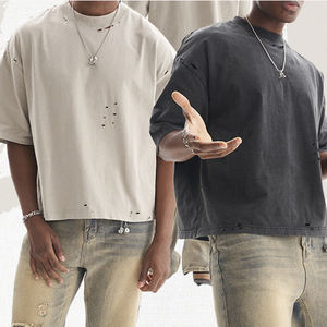Men Summer 100% Cotton Heavyweight Solid Color Short Sleeve T-Shirt <b>Distressed</b> Design Oversized Streetwear For Teens Casual <b>Top</b> - Product Image 3