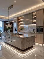 Ensemble d'armoires de cuisine de luxe en contreplaqué écologique personnalisé avec îlot en placage, mobilier de cuisine de villa, conception de modèle 3D