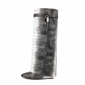 Botas de tiburón de talón femenino sexy botas anchas de pantorrilla CROC Pu diseñadoras botas de invierno hasta la rodilla - Product Image 1