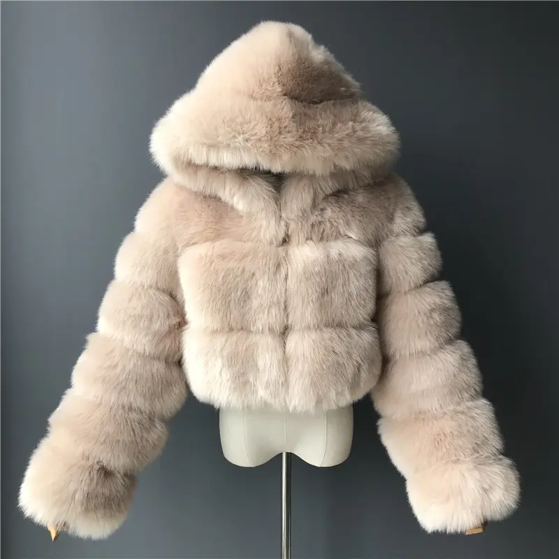 J & H S-8XL 겨울 럭셔리 파티 크롭 탑 후드 따뜻하게 두꺼운 모피 코트 여성 코트 배송 준비