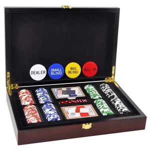Cherry Red Wooden Storage Case Casino Clay Chips 2 Decks of Cards 5 Poker Dices 4 Buttons Chips Poker Cards Box