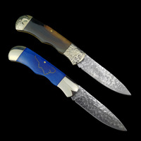 Couteau de poche Hongrui à lame Damas, couteau de camping pliable avec manche en cuivre blanc + corne de vache / os de vache