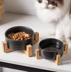 Cuencos elevados de cerámica para perros con soporte de madera Cuenco elevado para perros para comida y agua para perros pequeños y medianos Cuenco de alimentación para mascotas