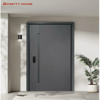 Puerta de Seguridad Exterior Moderna con Pivote Frontal, de Acero Inoxidable y Aluminio, Impermeable, con Acabado en Madera y Vidrio, Tipo Push-Pull, para Hoteles y Dormitorios