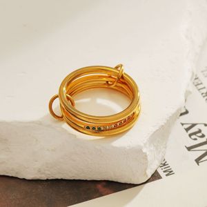Bague en acier inoxydable plaqué or 18 carats, trois couches de zircon coloré, design géométrique, bijoux unisexe, cadeau - Product Image 3