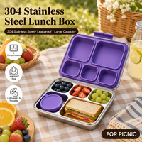 Boîte à lunch bento en acier inoxydable 304, 5 compartiments, anti-fuite, sans BPA, de qualité alimentaire, pour adultes et enfants, OEM personnalisé