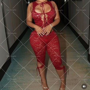 GX6264 Fashion 2025 Summer Women <strong>See</strong> <strong>Though</strong> Nigh Club Wear Sleeveless Lace Hollow <strong>Top</strong> and Half Length Pant 2 Piece Set Women - Product Image 1