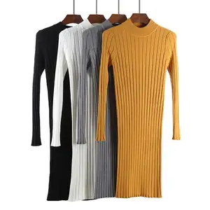 Hot Selling Fashion Dames Strakke Hals Lange Slaap Dameskleding Gebreide Sweet Dress Design Damesjurk Casual Sweater Jurk