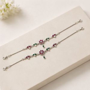 925 Silver Floral Anklet Pair Traditional <b>Oxidized</b> Payal with Red Green Stones Elegant Ethnic Foot Jewelry - Product Image 1