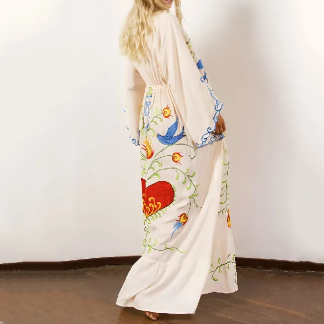Customization Summer Bohemian Women Casual Breathable V-neck Loose Embroidery Floral Maxi Dress