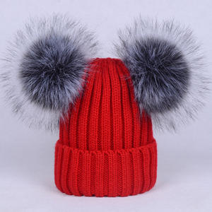 D1859 Topi Wol Rajut Wanita Musim Dingin, Topi Beanie <span class=keywords><strong>Pom</strong></span> Ganda Bulu Rajut Hangat Mode 2019 - Product Image 3