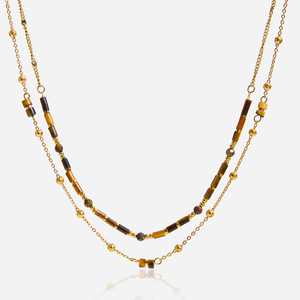 Collar de cuentas de ojo de tigre de doble capa, joyería de acero inoxidable, diseño geométrico para accesorios de moda - Product Image 1