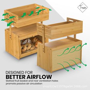Crown King Bread Box With Fruit Rack Double Layer <b>Storage</b> <b>Kitchen</b> Food Organizer Natural Wood Color - Product Image 3