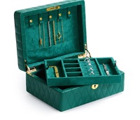 Boîte de présentation de bijoux en cuir matelassé vert émeraude de luxe avec éclairage LED, organisateur durable multi-niveaux pour bagues, colliers et montres
