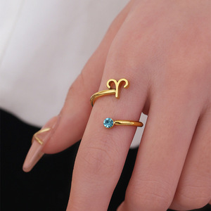 Moda minimalista 12 <span class=keywords><strong>horóscopo</strong></span> signo del zodiaco anillos de acero inoxidable 18K chapado en oro anillo de circón anillo de apertura ajustable para mujeres - Product Image 4