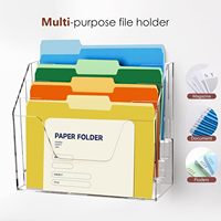 Caja de Almacenamiento Acrílica Transparente, Organizador de Archivos y Correo de Escritorio, Montado en la Pared, 4 Niveles, Ganchos Adhesivos Pulidos X2, Revistero de Oficina