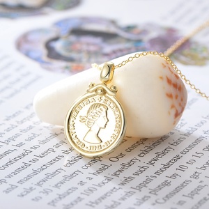 925 joyas de plata esterlina chapado en oro de 14K Espana suerte seis peniques Elizabeth moneda Vintage collares para mujeres - Product Image 1