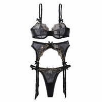 Conjunto de Lencería con Bordado de Lentejuelas Francesas, con Lazo y Malla Transparente, Ropa Interior Sexy de 3 Piezas para Mujer, Disfraz Erótico