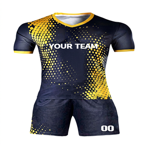 Ensemble de maillots de football personnalisés pour hommes, col en V, manches courtes, dégradé bleu marine et jaune, sublimé, polyester respirant, taille adulte - Product Image 1