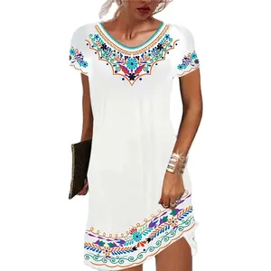 Hot selling Super cute and ethnic Style round neckline Short Sleeve Casual Printed Party Dresses Loose Round Elegant Dress