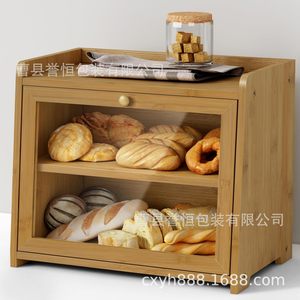 Boîte à pain en bambou avec porte transparente, rangement de cuisine, présentoir à pain pour comptoir, couleur grain de bois - Product Image 2