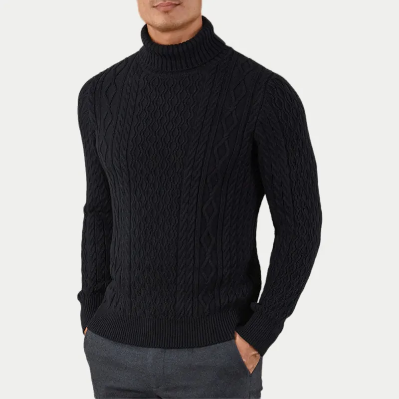 Jersey de algodón negro con cuello de tortuga de lujo para hombre, prendas de punto de invierno, suéteres de punto pesados personalizados