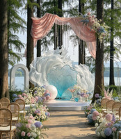 Instalasi Seni Gelombang Organza Transparan Y-103Dreamy, Prop Bunga Akrilik Transparan Biru untuk Pernikahan Luar Ruangan, Latar Belakang Acara Mewah