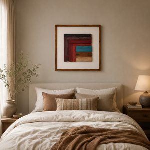 Peinture à l'huile abstraite minimaliste Wabi Sabi sur toile, motif géométrique en bois de pin, art mural color block - Product Image 1