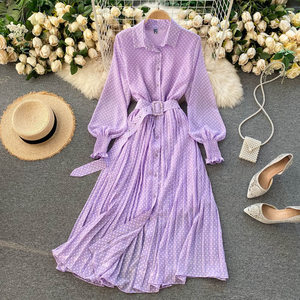 Vestidos Vintage de Diseñador Otoño 2026 para Mujer, Nueva Colección <span class=keywords><strong>en</strong></span> Oferta, Vestido de Gasa con Estampado de Puntos, Plisado, Manga Larga, Botones Decorativos - Product Image 2