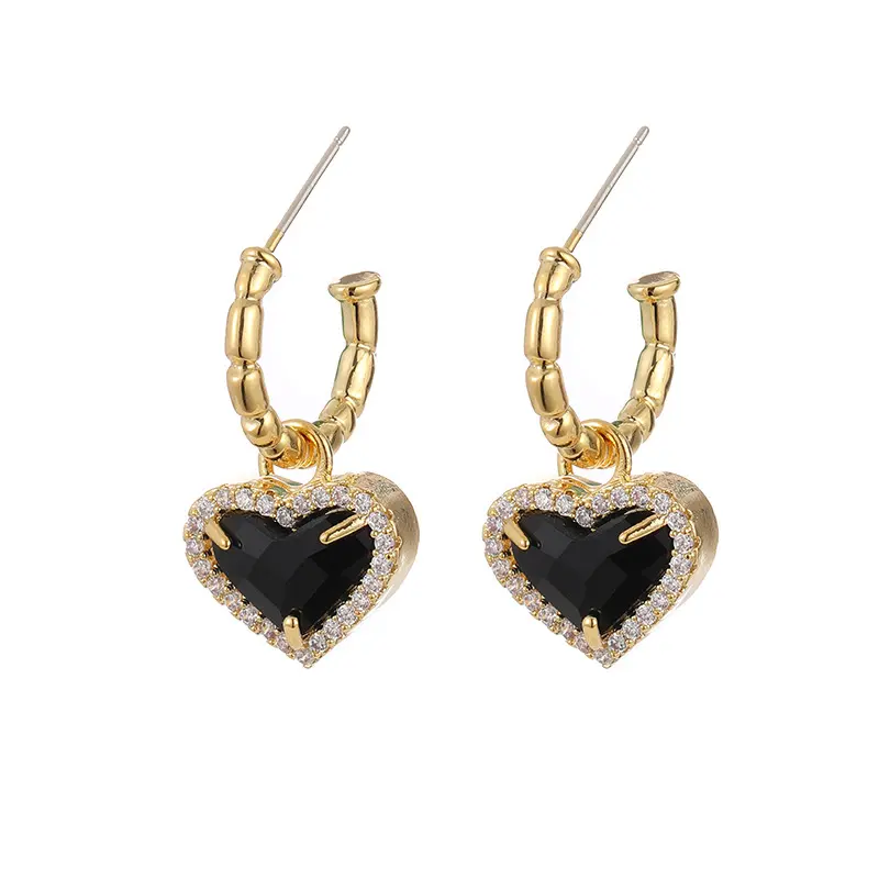 Mode rétro plaqué or CZ petit coeur boucles d'oreilles 925 argent aiguille balancent goutte coeur manchette boucles d'oreilles bijoux pour femmes fille