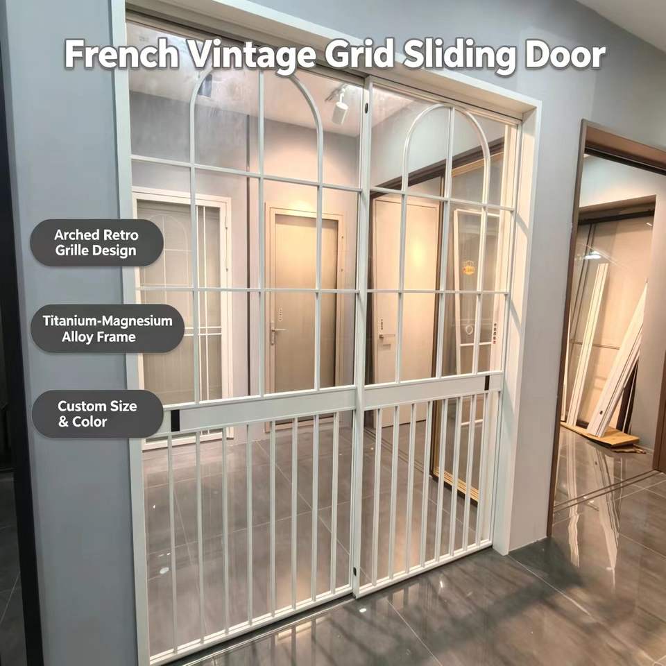 French Vintage Three Panel Sliding Door Titanium Magnesium Alloy Glass ...