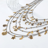 Collier multi-rangs Kaimei 2026, bijoux fantaisie, coquillage, étoile de mer, lune, cheval, pentagramme, chaîne bohème, étoile argentée, collier superposé