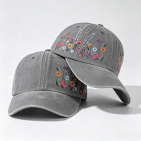 Topi Baseball Wanita Kasual Model Lengkung Warna Abu-abu Bordir Bunga Warna-warni Katun Vintage Cuci Kering, Ukuran Dapat Disesuaikan, Suplai Grosir