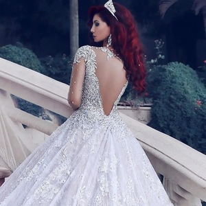 European American Style High Waisted Ball Gown Wedding Dress V Neck Illusion Long Train White Polyester Bridal Gown - Product Image 3
