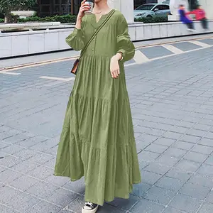 7768 Mới 2024 Châu Âu Thiết Kế Phù Hợp Tất Cả Các Màu Rắn Dài Tay Áo Midi Dress Phụ Nữ Hồi Giáo Dresses Quần Áo 5