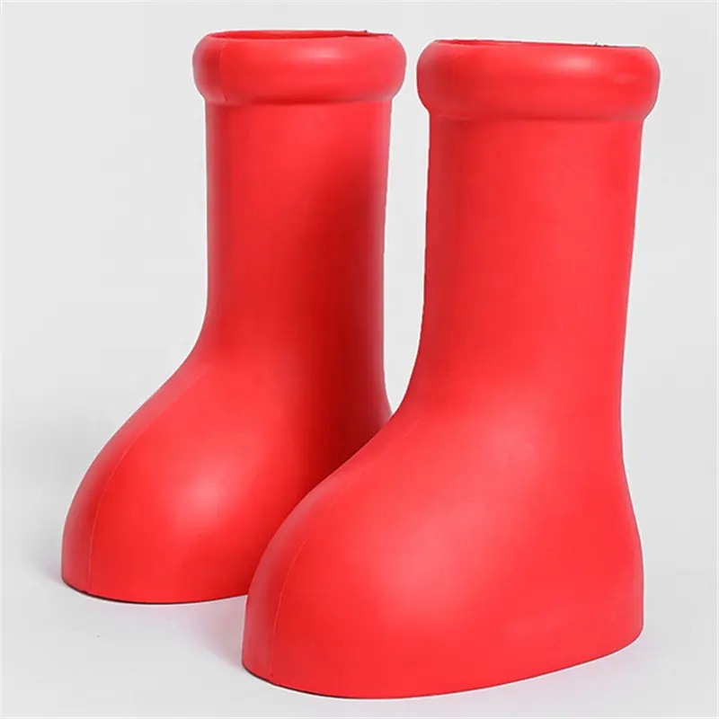 Dropshipping Bottes de pluie à fond épais avec logo personnalisé Chaussures pour femmes Chaussures unisexes avec semelle en caoutchouc Slip-On pour hommes Bottes rouges mignonnes