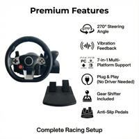 YJT-4SW2004 Volant de jeu PS4 7-en-1 pour ordinateur, support de jeu de course filaire noir