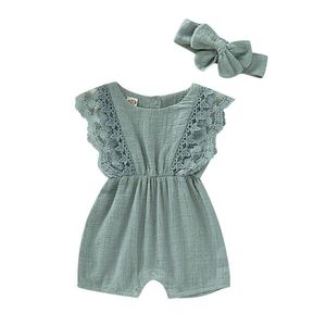 Ropa de Verano para Bebé Niña, Mono de Manga Larga con Diseño de Encaje Sólido para Recién Nacida, Mono con Diadema para Bebé - Product Image 1