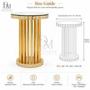 Mesa de Cóctel Decorativa Desmontable de Acero Inoxidable Dorado con Cubierta de Vidrio Templado para Alquiler de Espacios para Recepciones de Boda - Product Image 5