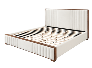Modern Queen Size Adjustable Convertible Beige Chenille & Walnut Finish Luxurious <b>Bed</b> - Product Image 2