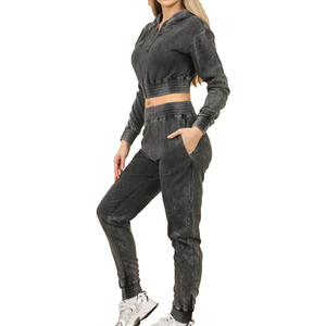 Women Acid Wash Cropped Zip Up Hoodie Jogger <b>Set</b> Vintage <b>Two</b> <b>Piece</b> Tracksuit Streetwear <b>Lounge</b> Outfit - Product Image 5