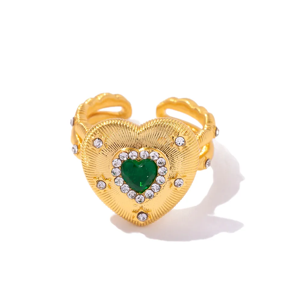Vintage luxe kadınlar moda takı gerçek katı altın kaplama yeşil zirkonya kalp şekilli açık halka